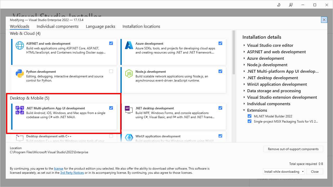 Selecting the .NET MAUI workload