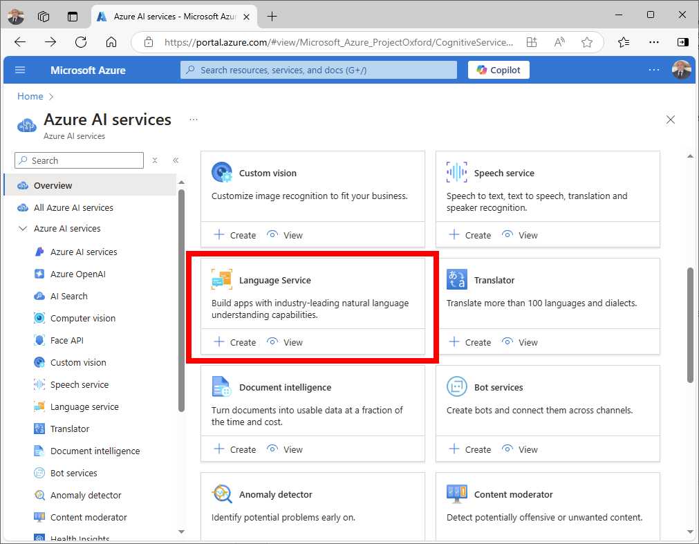 The Language Service on the Azure AI services page