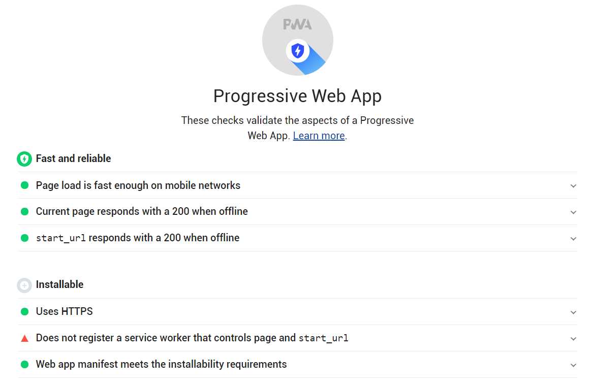 Details of a Lighthouse Report (PWA Section)
