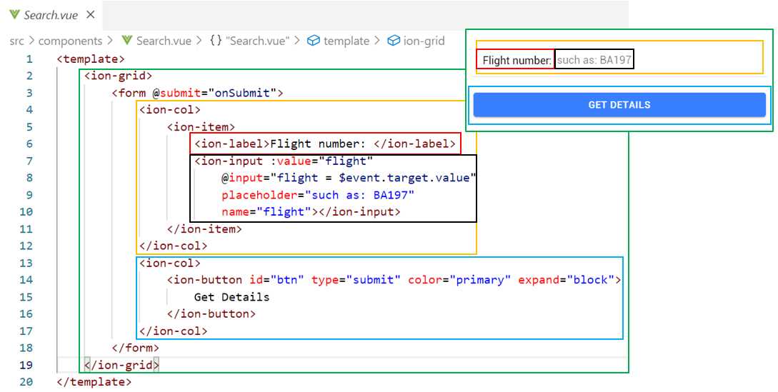 Relationship Between the Search.vue HTML and the Search Component UI