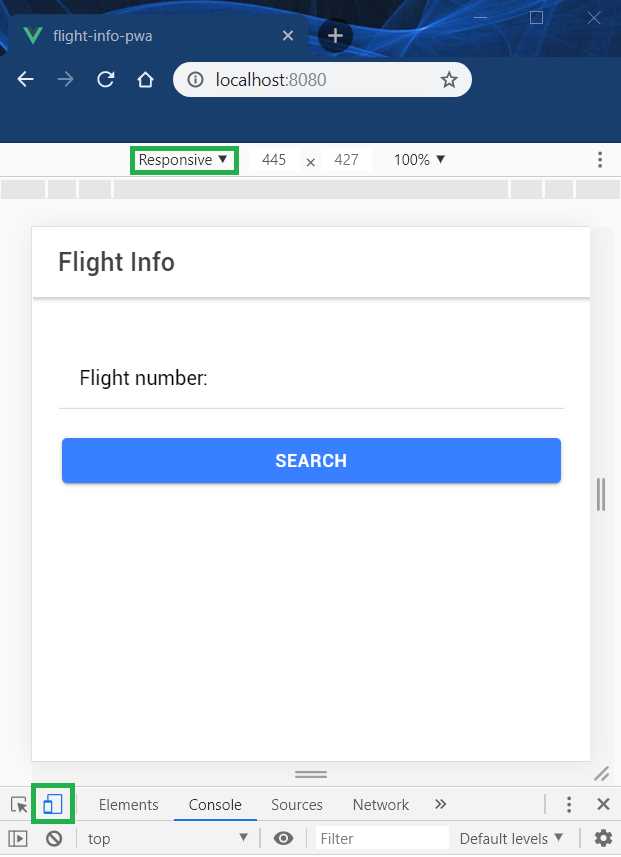 The App Running in Mobile Responsive Mode (Google Chrome)