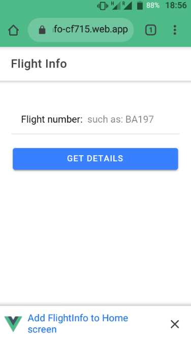 The Finished Flight Info PWA Running on an Android Device (Google Chrome)