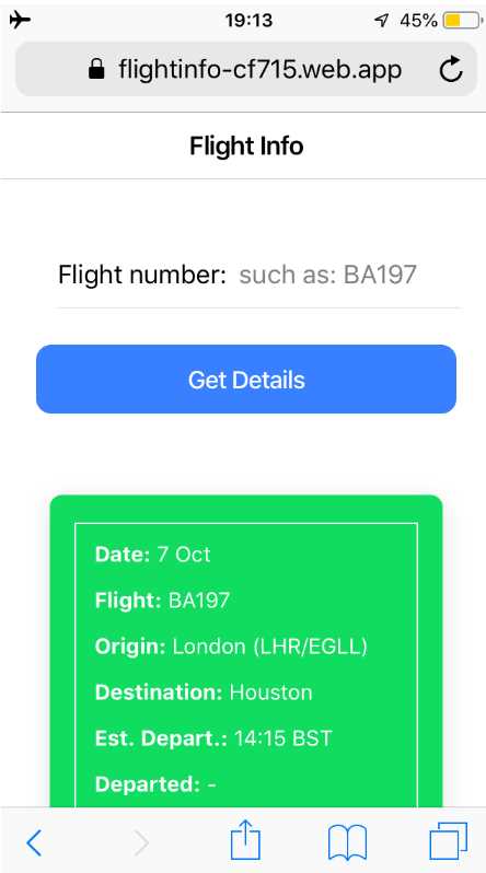 The Finished Flight Info PWA Running on an iPhone (Safari) in Offline Mode