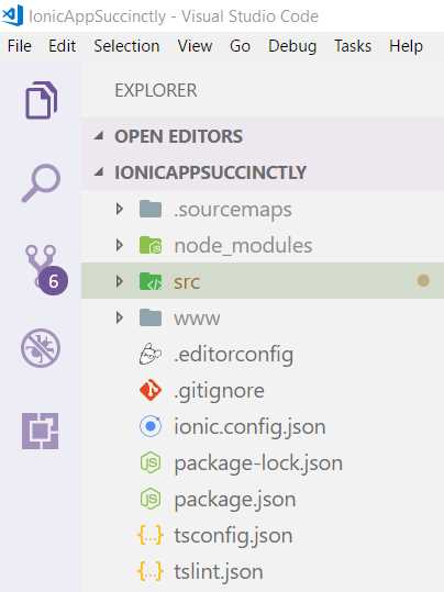 The IonicAppSuccinctly Project Structure in VS Code