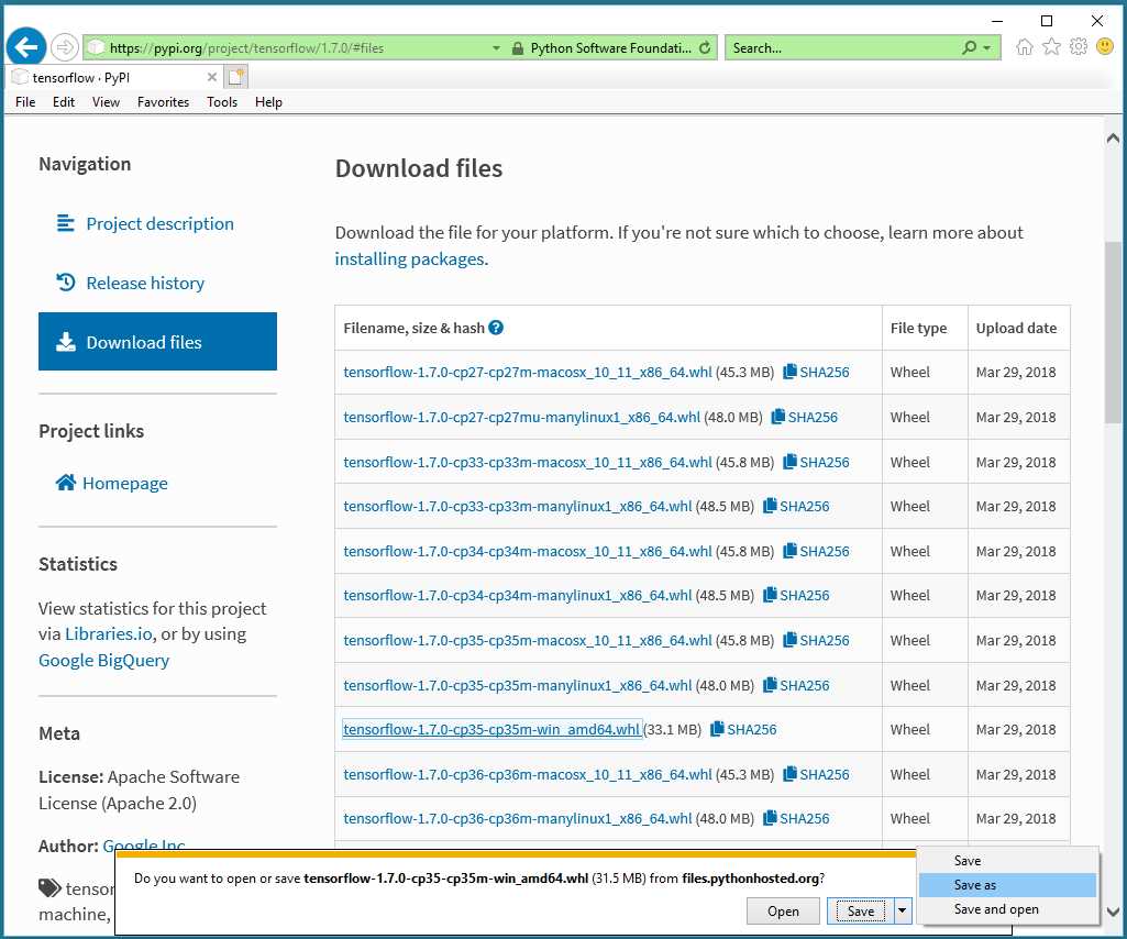 Downloading the TensorFlow .whl File
