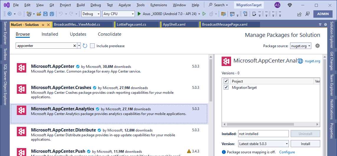 Installing the App Center NuGet packages for analytics