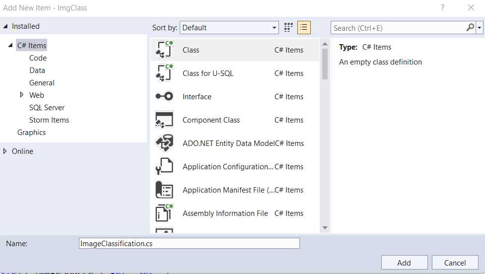Add New Item (ImageClassification.cs for the ImgClass Visual Studio Project)