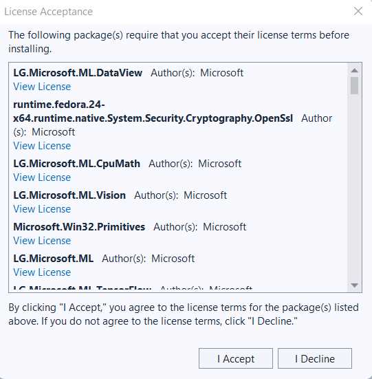 License Acceptance (Visual Studio)