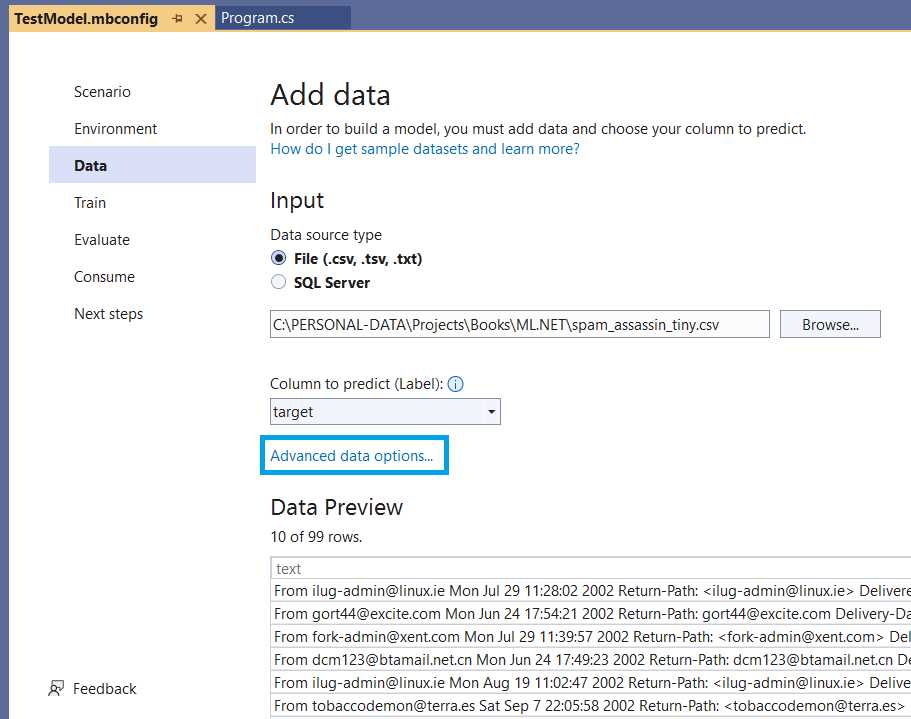 Model Builder—Add Data (Data Imported)