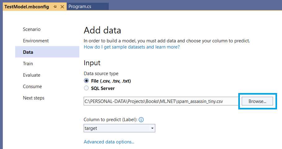Model Builder–Add Data (Importing the Data)