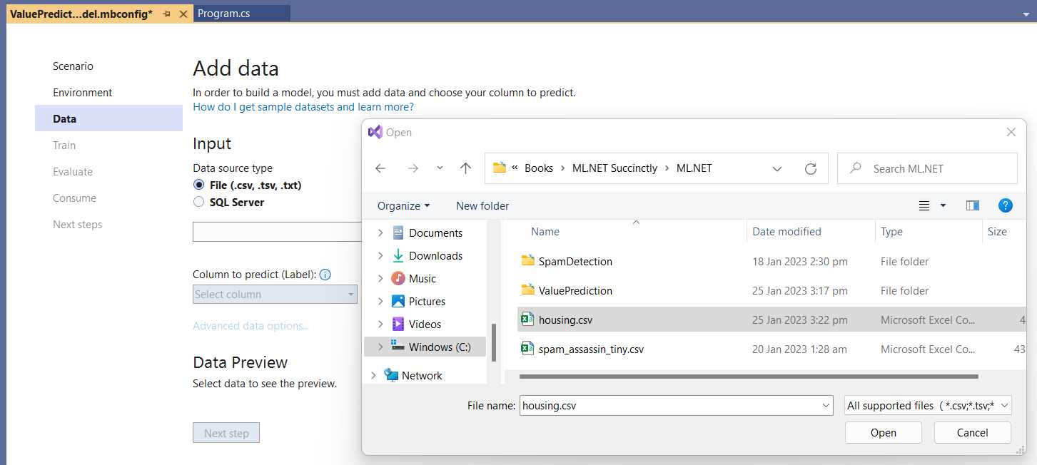Model Builder—Add data (Selecting housing.csv)