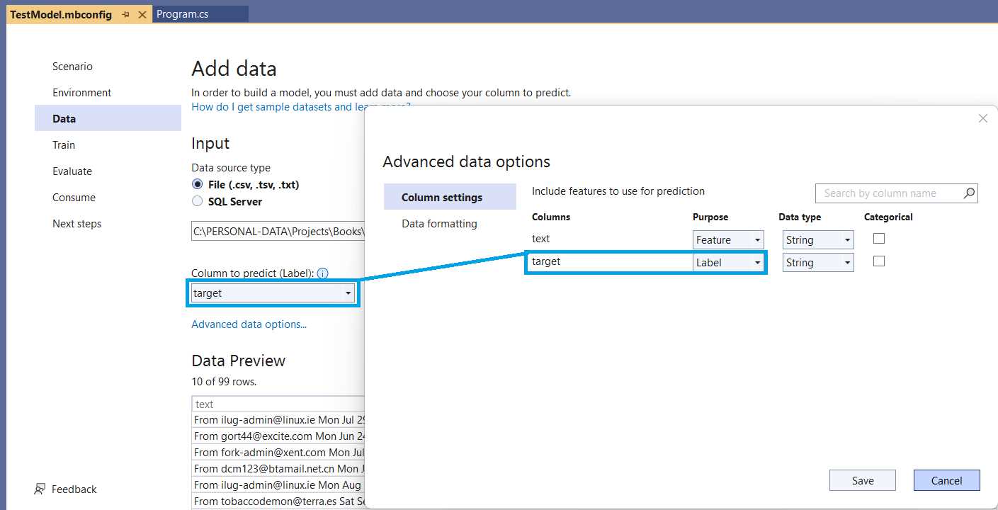 Model Builder—Advanced Data Options