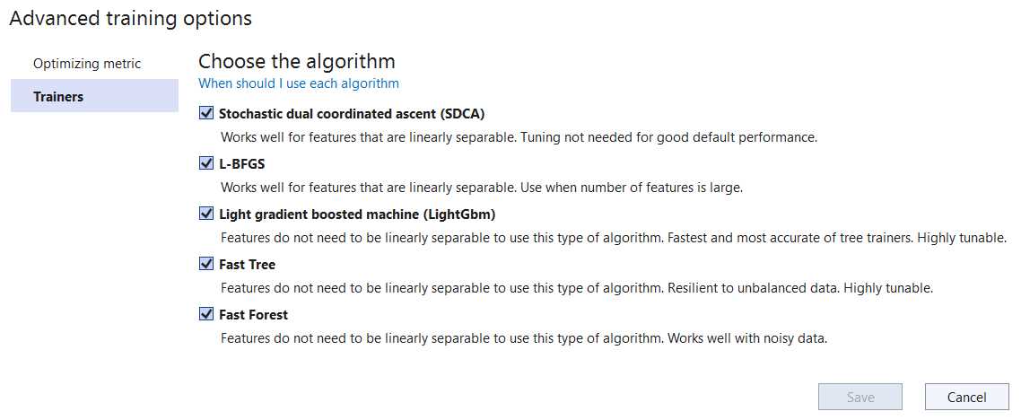 Model Builder—Advanced Training Options (Trainers)