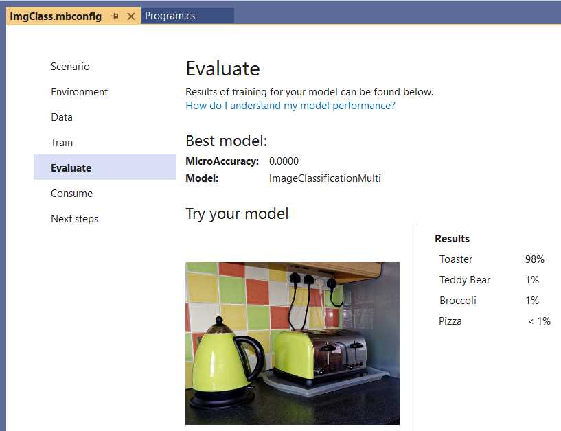 Model Builder (Evaluate—Results—Toaster)