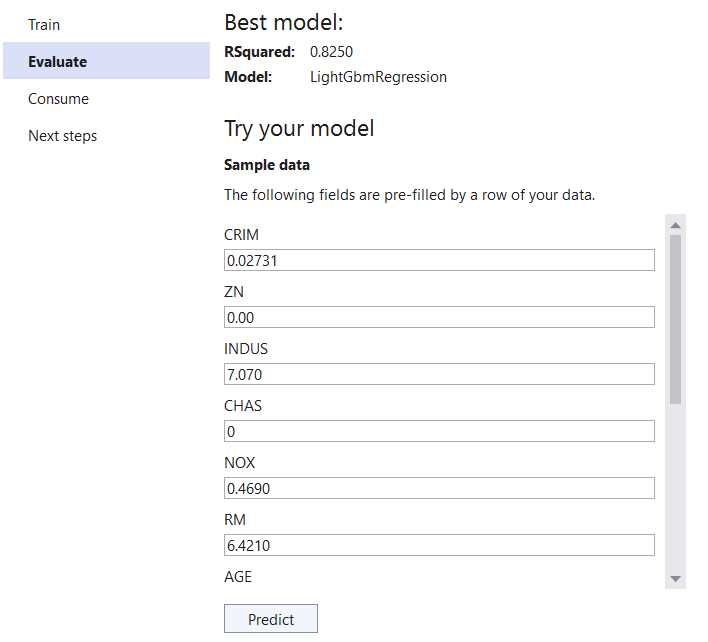 Model Builder–Evaluate (Try your model)