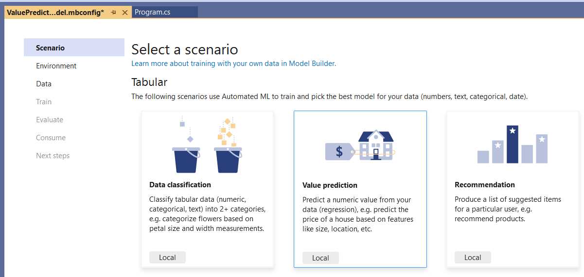 Model Builder—Select a scenario (Value prediction)