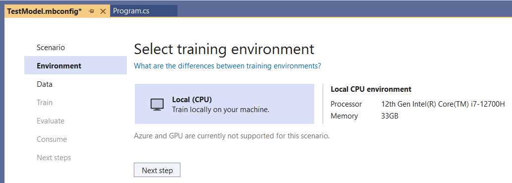 Model Builder—Select Training Environment
