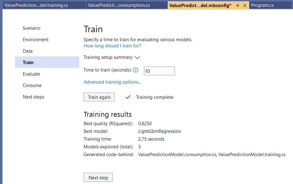 Model Builder—Train (Training results)