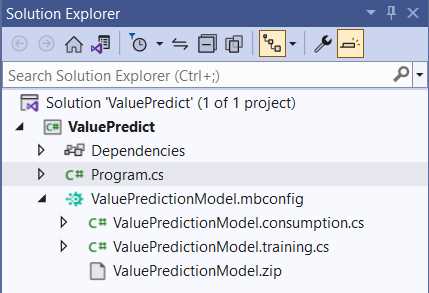 The ValuePredictionModel Files Generated by Model Builder—Solution Explorer