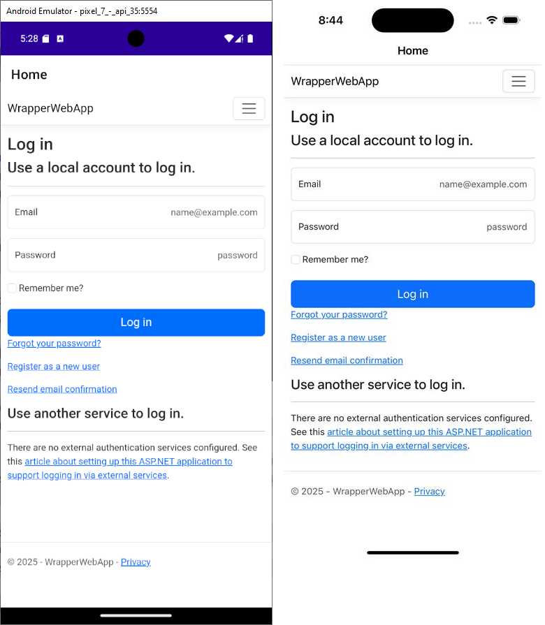The application showing the login page of the external website