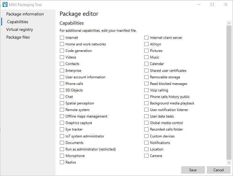 The Capabilities section of the package editor