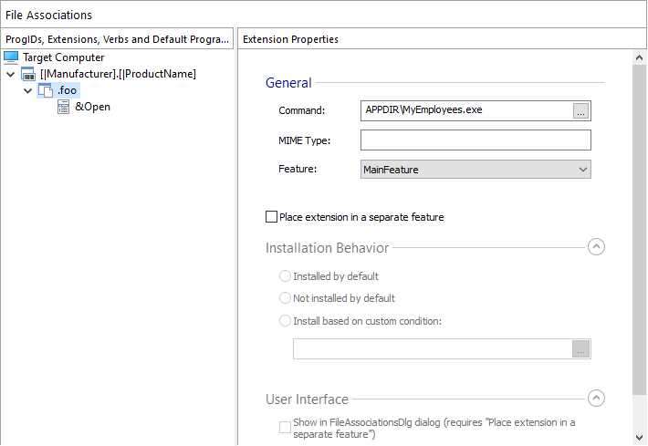 The dialog in Advanced Installer for creating a file-type association