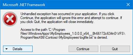 The error displayed when a packaged application tries to write inside the installation folder
