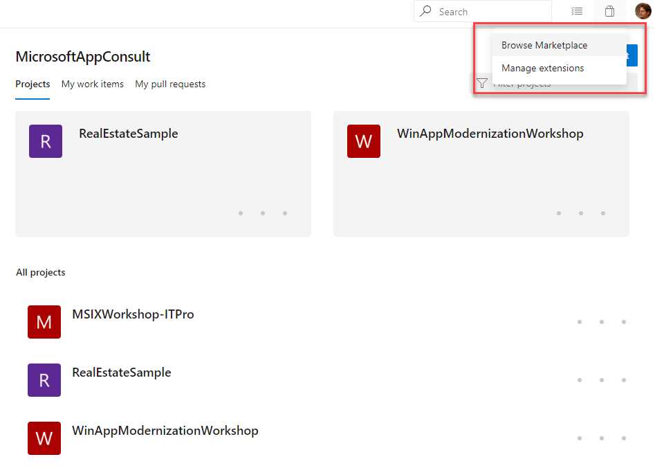 The icon to access to the Azure DevOps marketplace