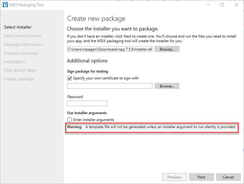 The MSIX Packaging Tool warns us that a template file can’t be generated