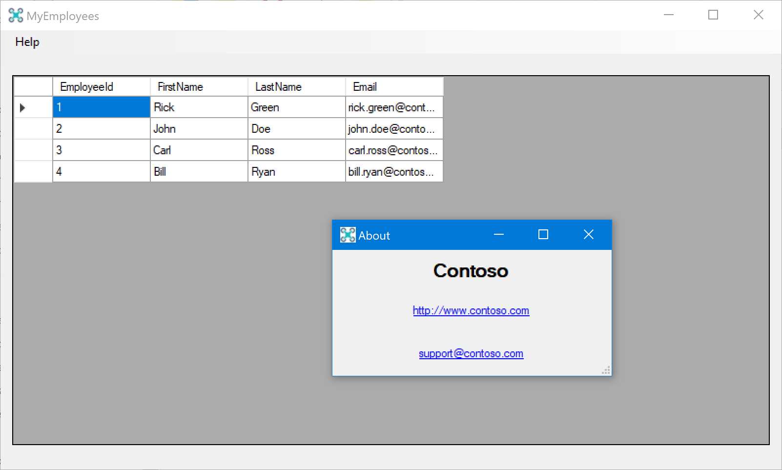The MyEmployees application after the installation of the modification package