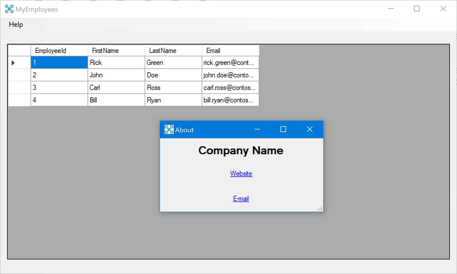 The MyEmployees application with an empty About page