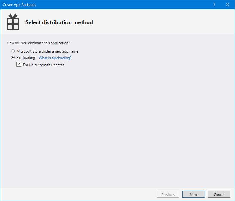 The option in Visual Studio to create a package for sideloading with automatic updates