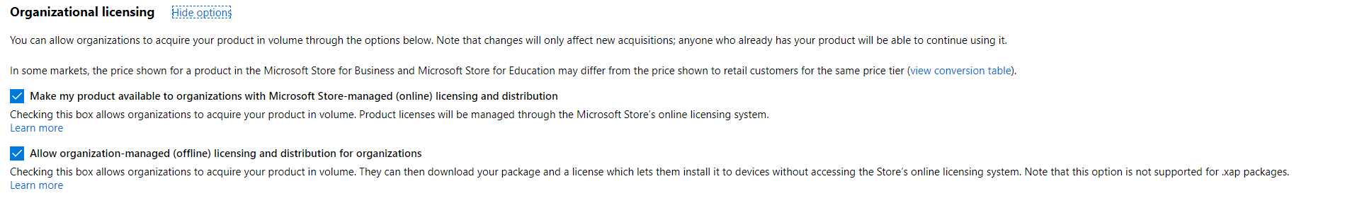 The options during the submission process to enable distribution through the Microsoft Stores for Business and Education