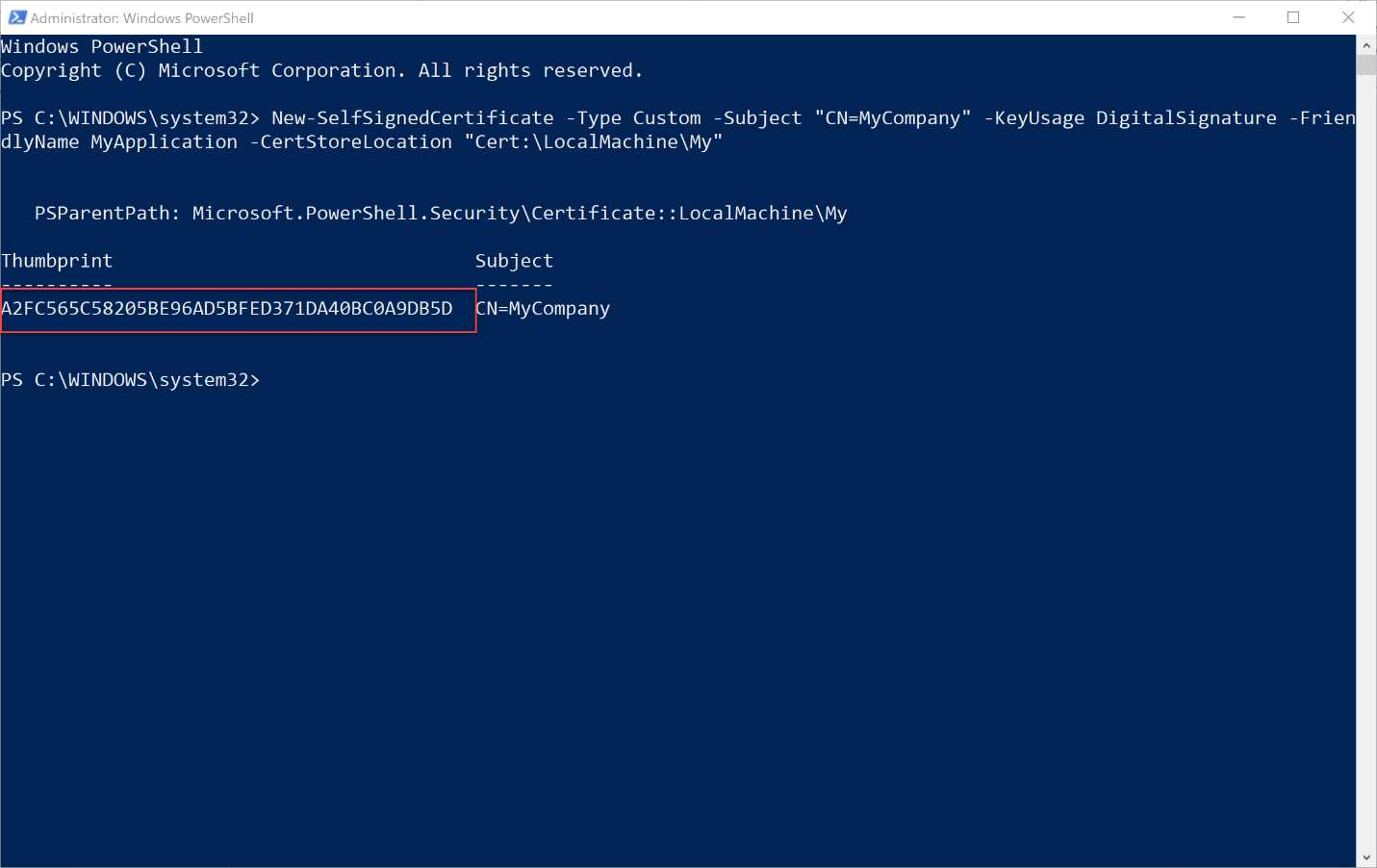 The output of the PowerShell command to create a certificate
