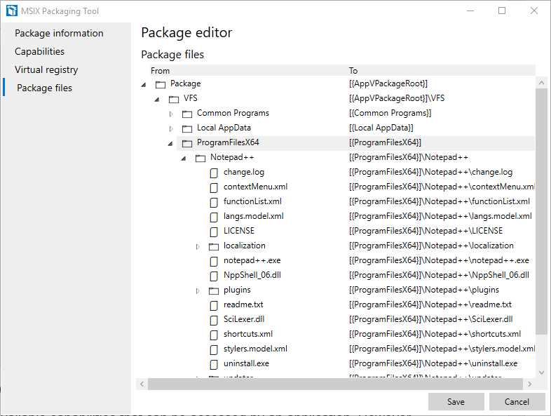 The Package files section of the package editor