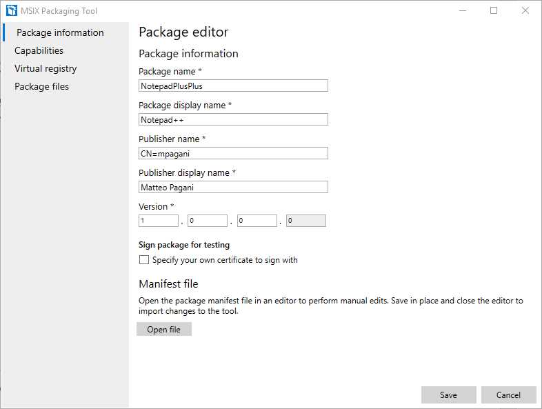 The Package information section of the package editor