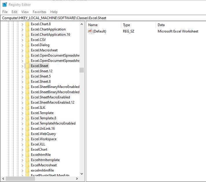 The ProgIDs registered by Microsoft Excel to handle different file types