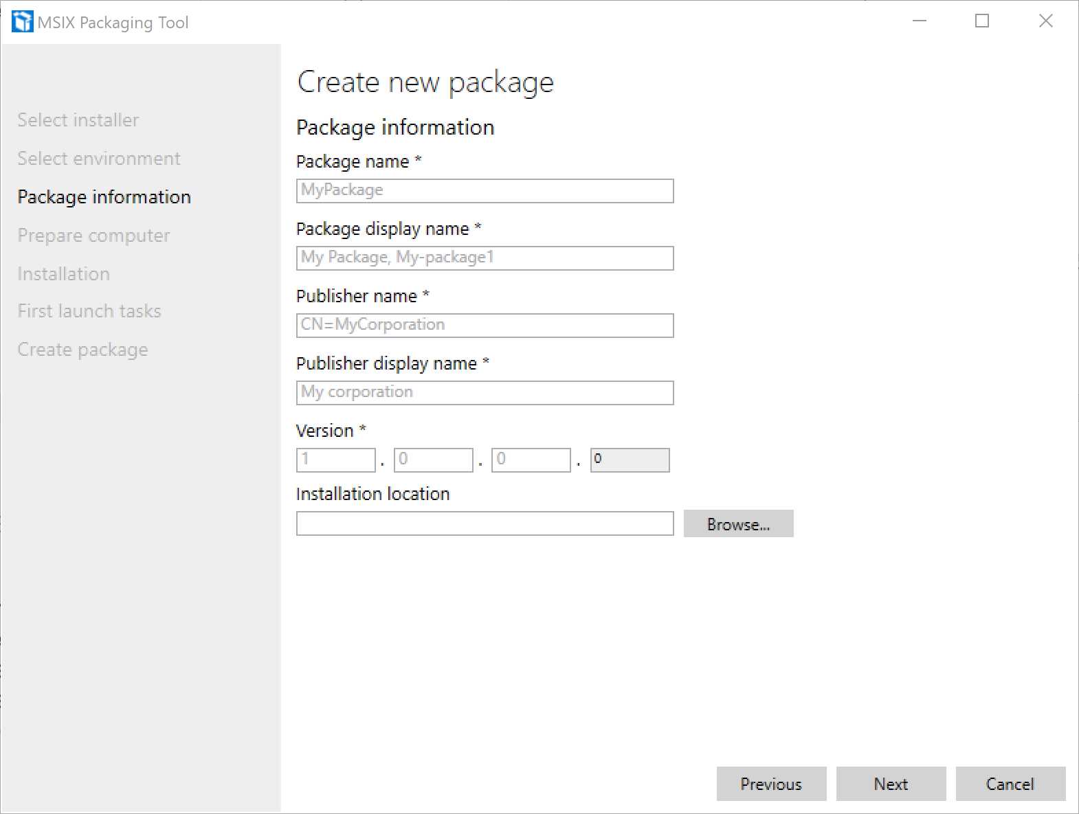 The screen of the “Package information” step