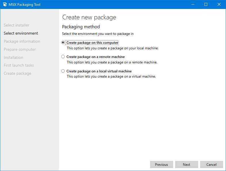 The screen of the “Select environment” step