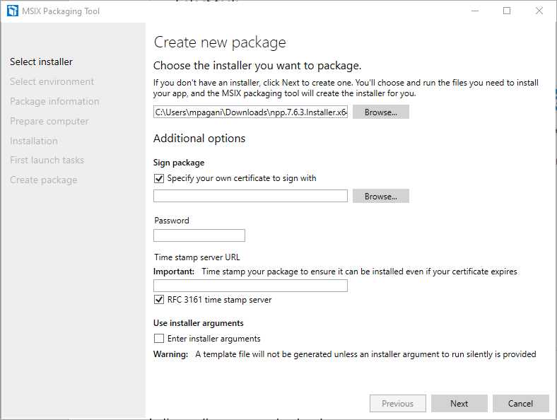 The screen of the “Select installer” step