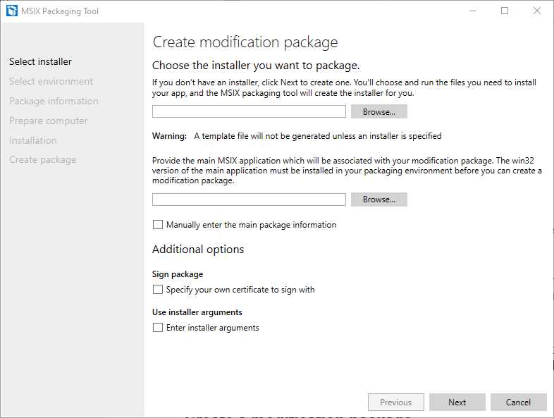 The starting point to create a modification package with the MSIX Packaging Tool