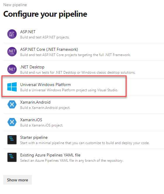 The template to choose to build an MSIX package in Azure Pipeline