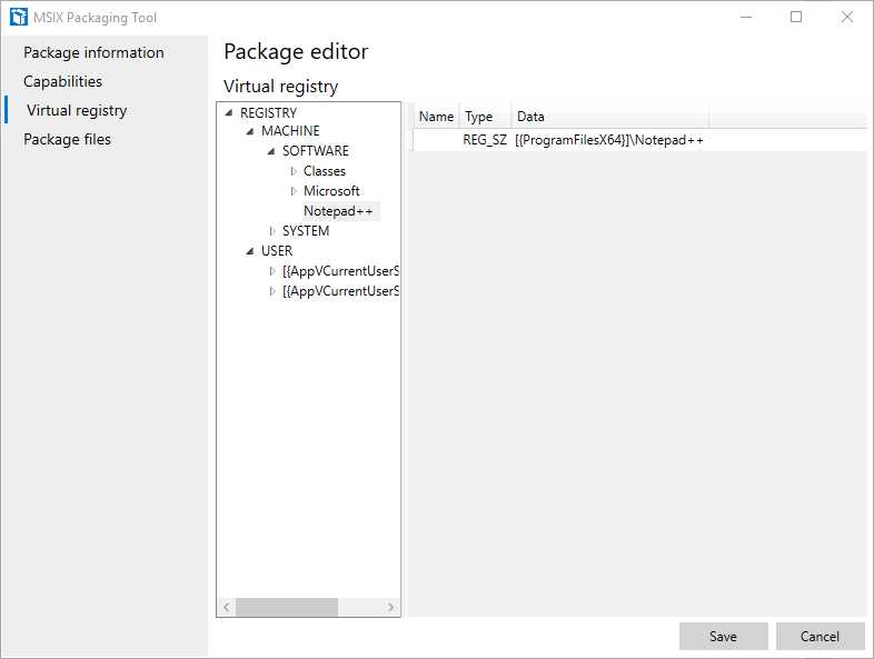 The Virtual registry section of the package editor