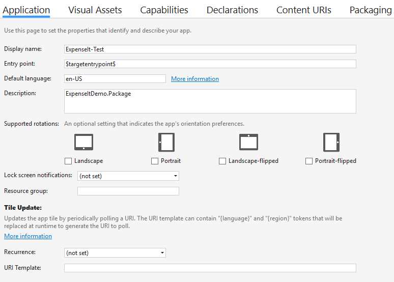 The Visual Studio manifest editor