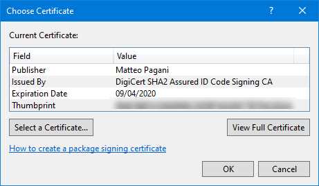 The Visual Studio option to choose a certificate