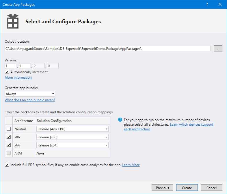 The window to configure the content of the package