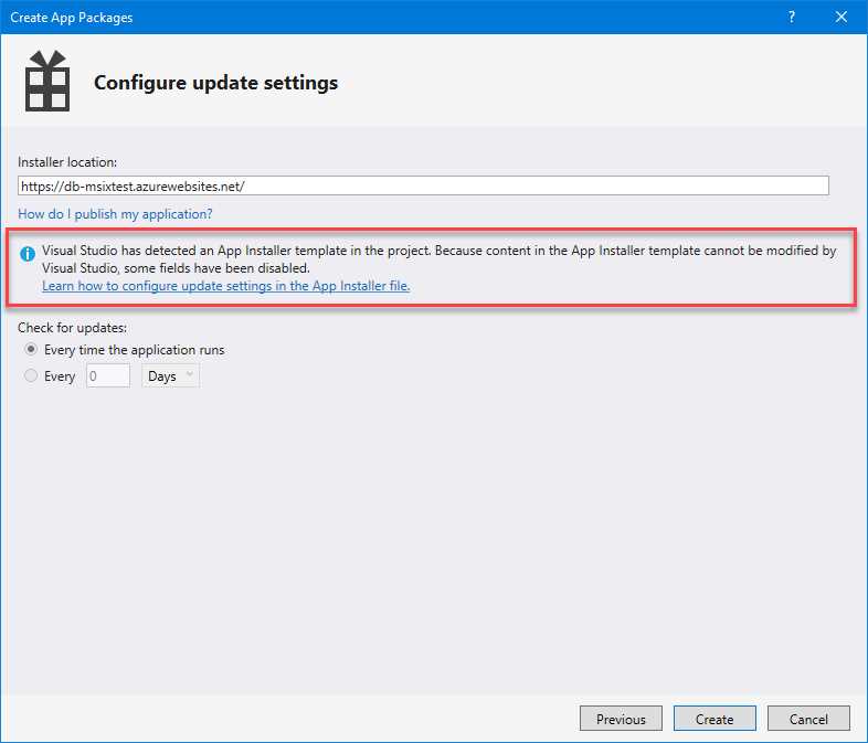 Visual Studio informs the user that an App Installer template is included inside the project