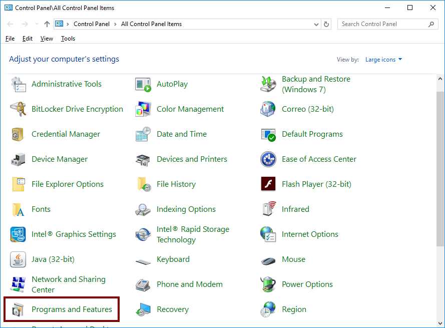 "Programs and Features" in Control Panel