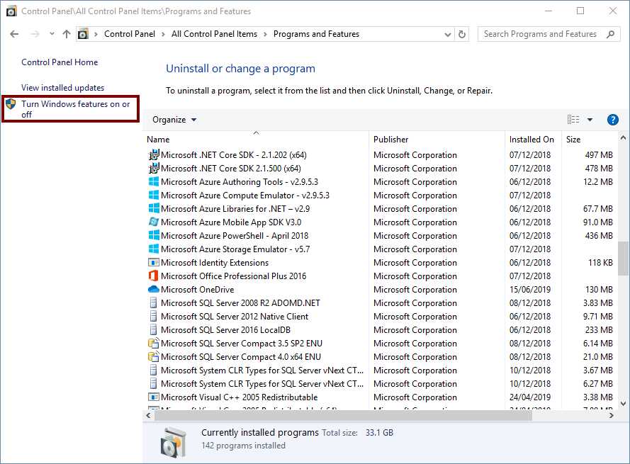"Turn Windows features on or off" hyperlink