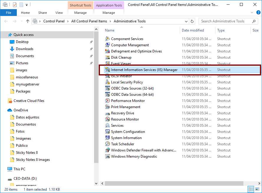 Internet Information Services Manager icon in Administrative Tools